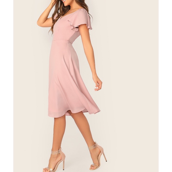 Pastel Pink Solid Flutter Sleeve Fit & Flare Dress - Picture 3 of 6